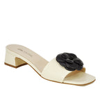 Frenchie Leather Flower Block Heel Slide