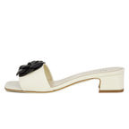 Frenchie Leather Flower Block Heel Slide