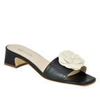 Frenchie Leather Flower Block Heel Slide