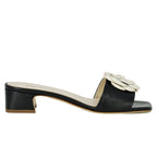 Frenchie Leather Flower Block Heel Slide
