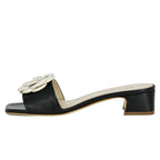 Frenchie Leather Flower Block Heel Slide